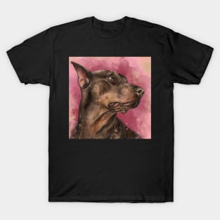 Painting of a Gorgeous a Brown Doberman on Dark Pink Background T-Shirt